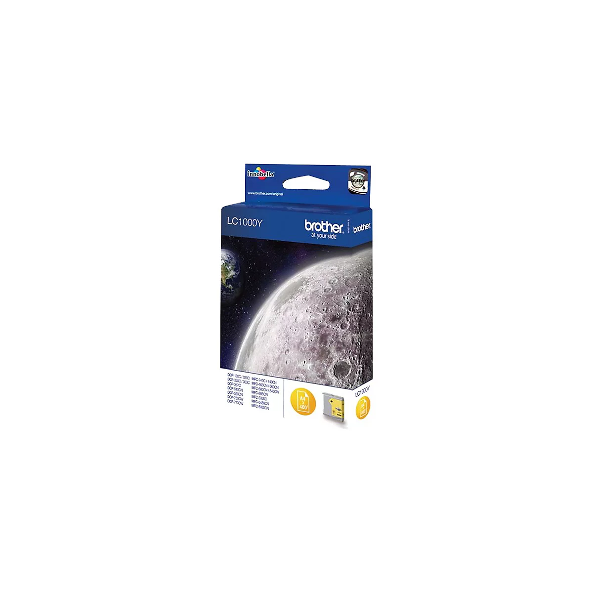 Gelbe Brother Tintenpatrone LC1000Y, verpackt in einer blauen Schachtel mit Mond- und Erdbild. Text: Brother, InnoBella, LC1000Y.