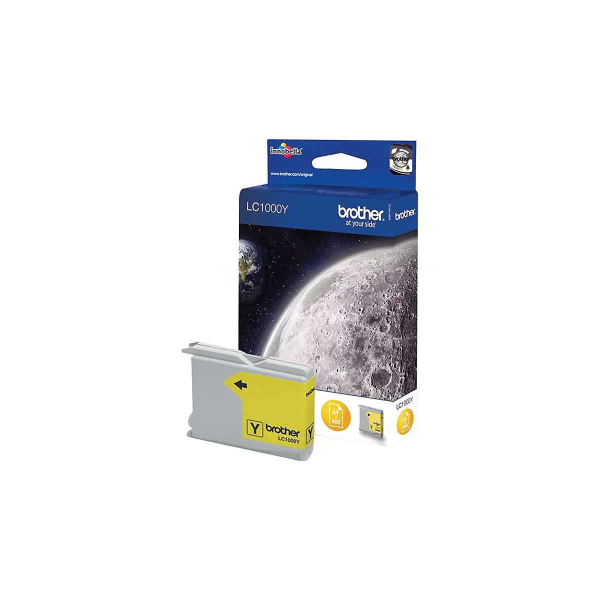 Gelbe Brother Tintenpatrone LC1000Y vor Verpackung mit Mondlandschaft. Aufdruck: Brother, LC1000Y, A4, 400 Seiten.