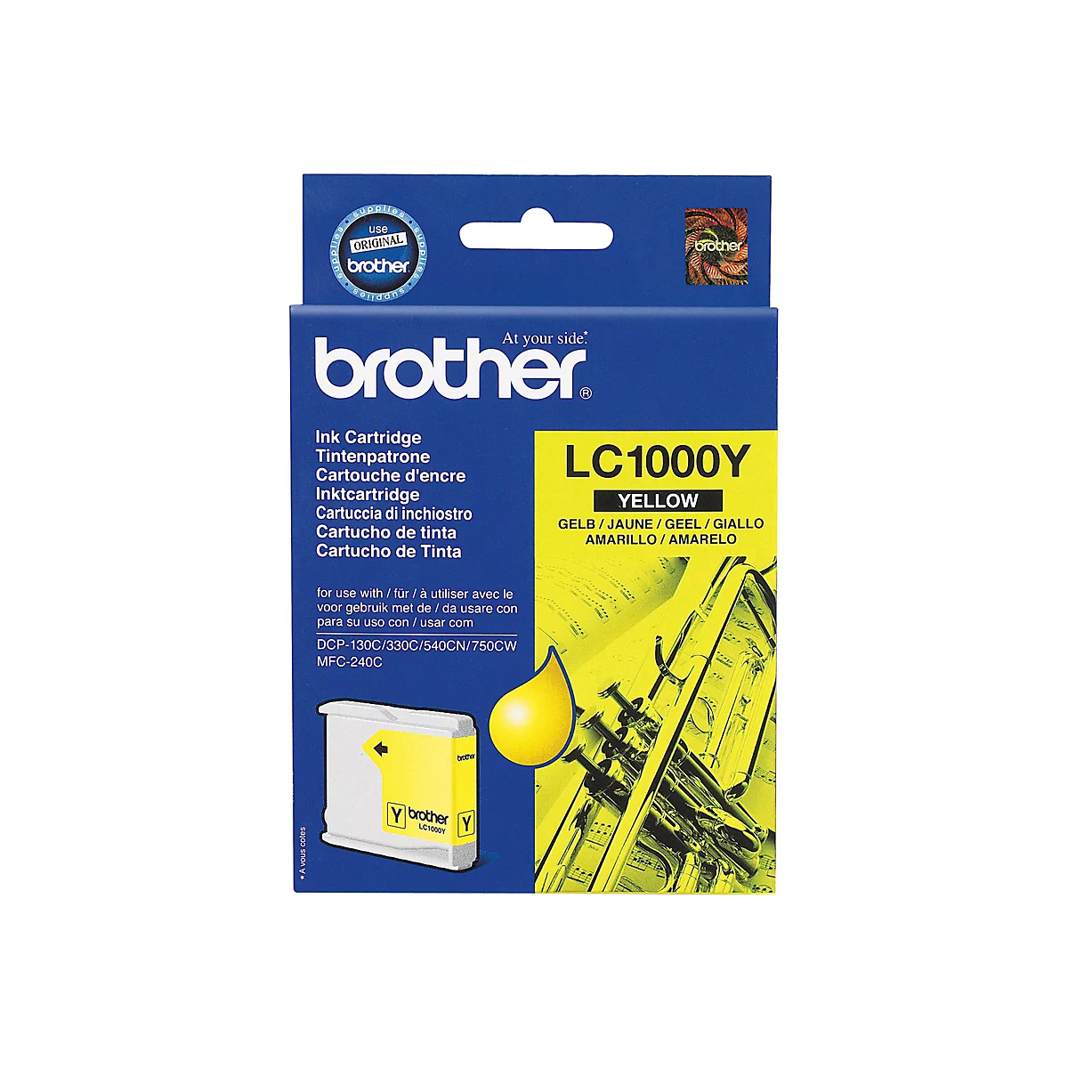 Gelbe Brother Tintenpatrone LC1000Y mit Produktinformationen auf der Verpackung.