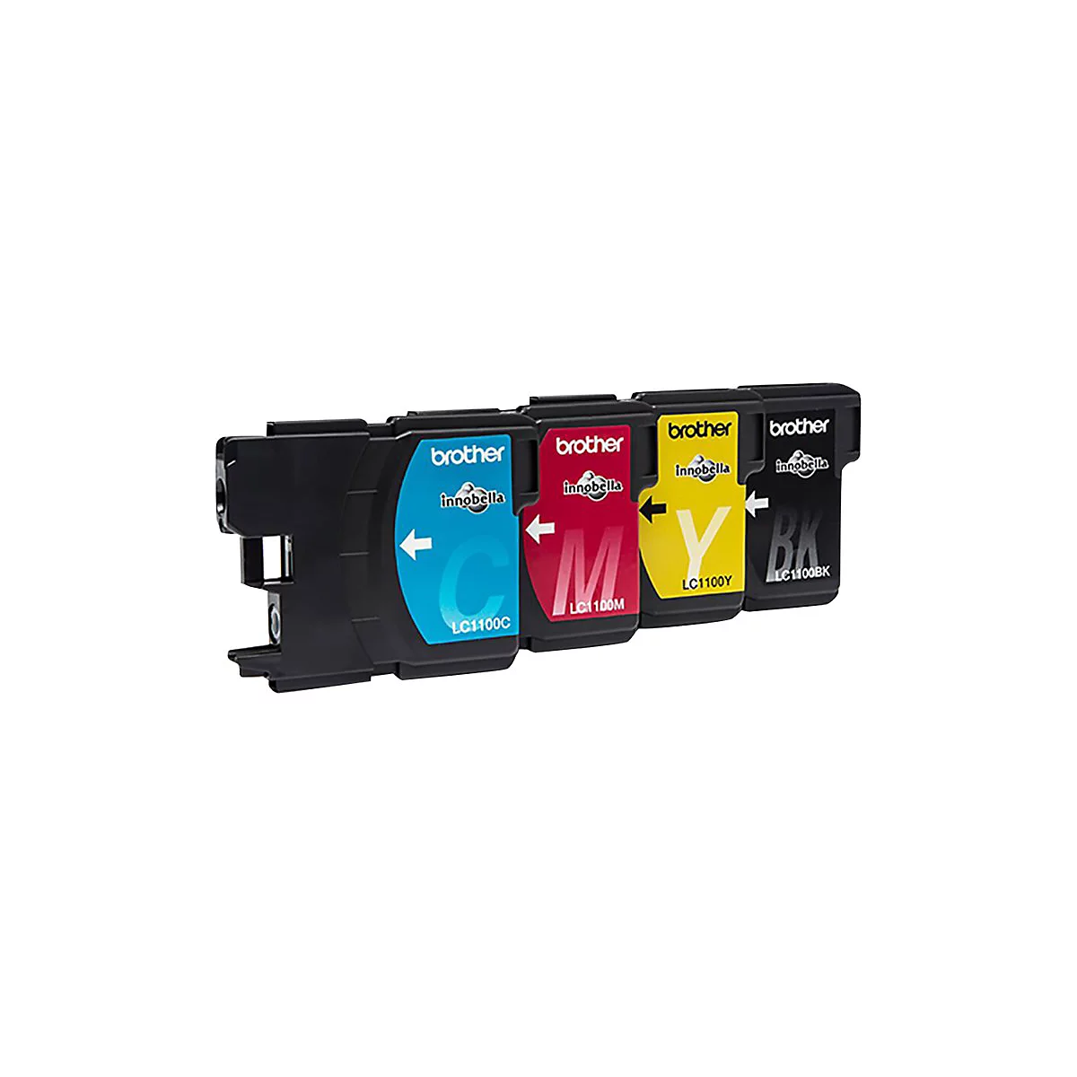 Vier Brother Druckerpatronen in Cyan, Magenta, Gelb und Schwarz auf weißem Hintergrund.