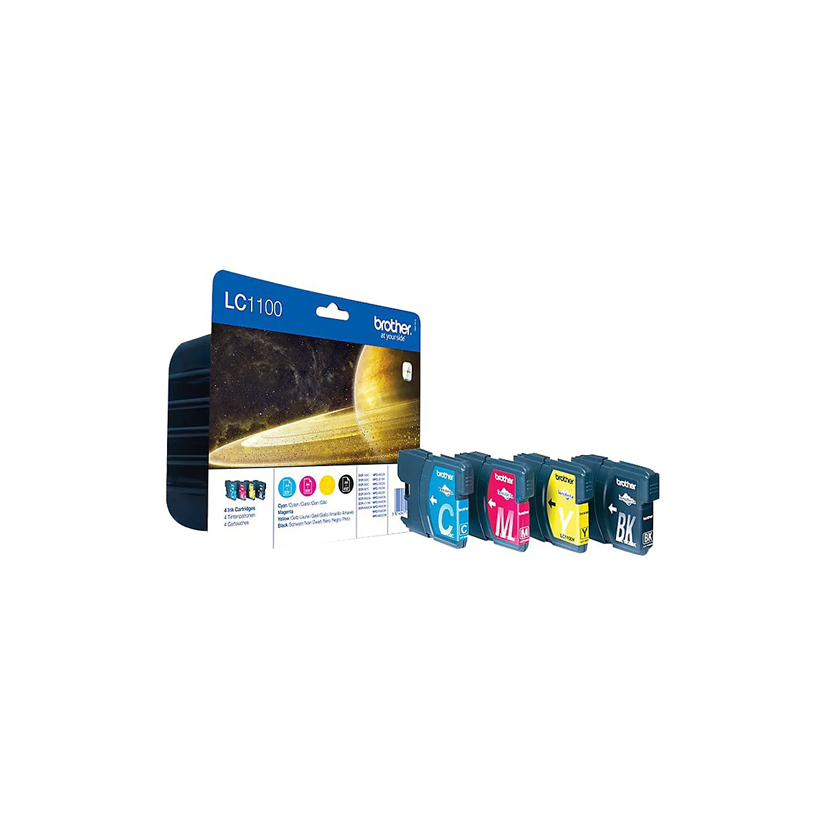 Ein Set Brother LC1100 Tintenpatronen. Die Packung ist blau, die Patronen haben die Farben Cyan, Magenta, Gelb und Schwarz.