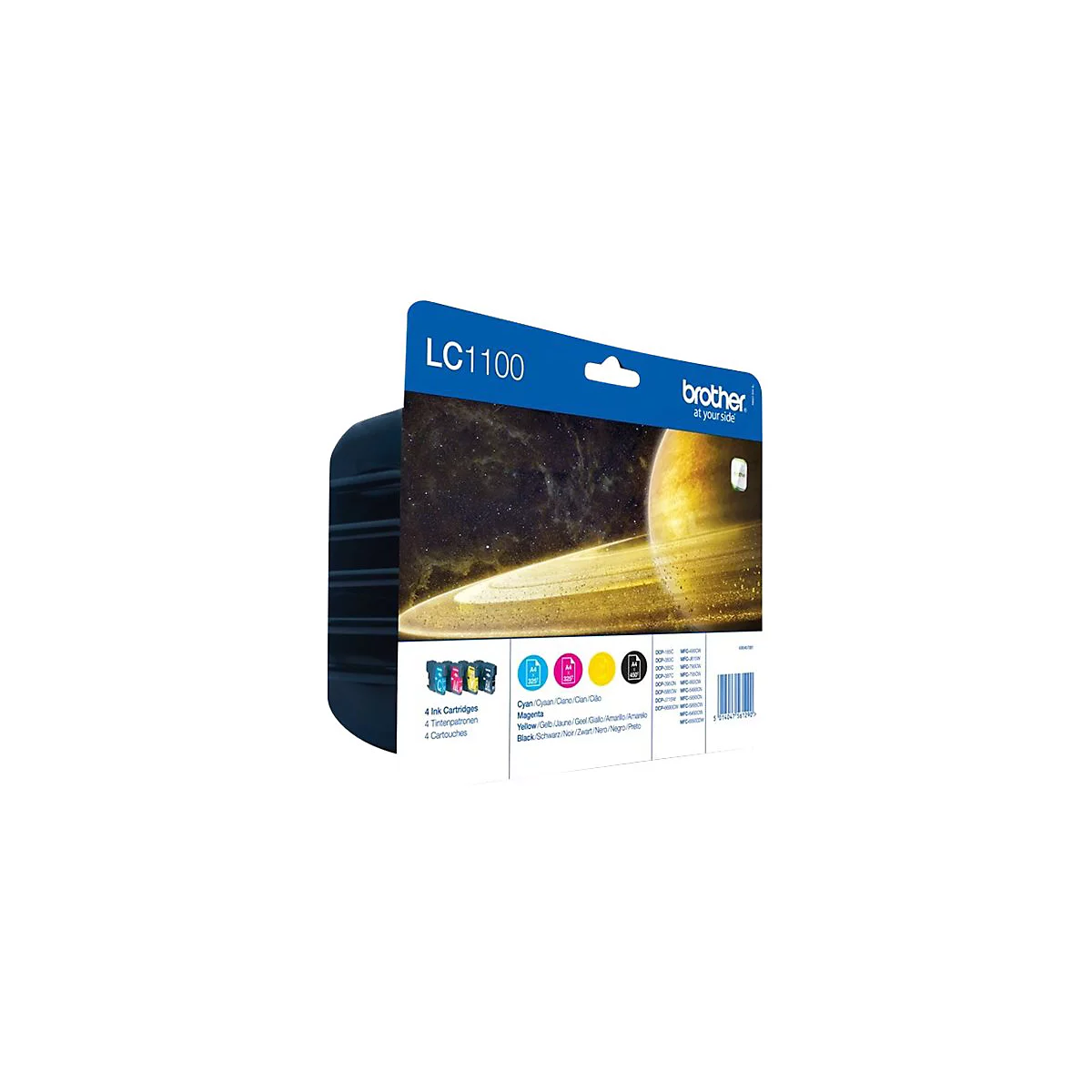 Brother LC1100 Tintenpatronen-Set in Verpackung mit Abbildung eines Planeten und Druckermodell-Liste.