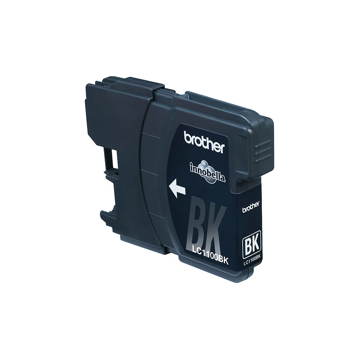 Cartouche d'encre noire Brother. Inscription : BK, LC1100BK, InnoBella. FlÃ¨che. Plastique noir.