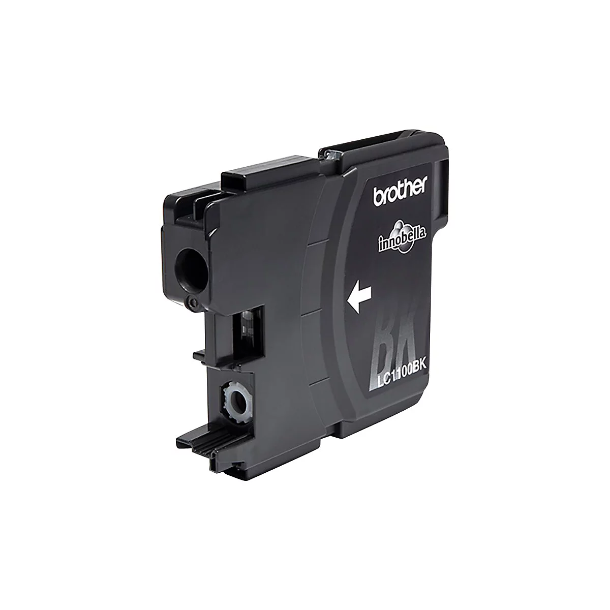 Schwarze Tintenpatrone von Brother, links ein Loch, rechts InnoBella-Logo und Schriftzug LC1100BK.