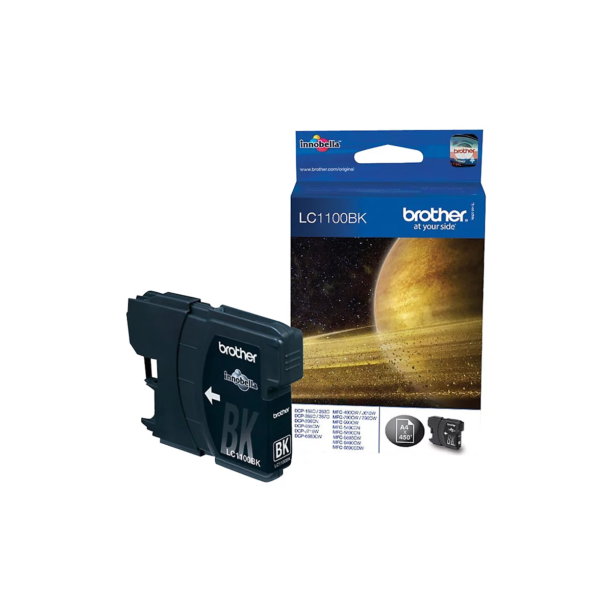 Schwarze Brother Druckerpatrone LC1100BK mit Verpackung. Aufdrucke: Brother, InnoBella, BK, LC1100BK. Im Hintergrund ein Weltraum-Motiv.