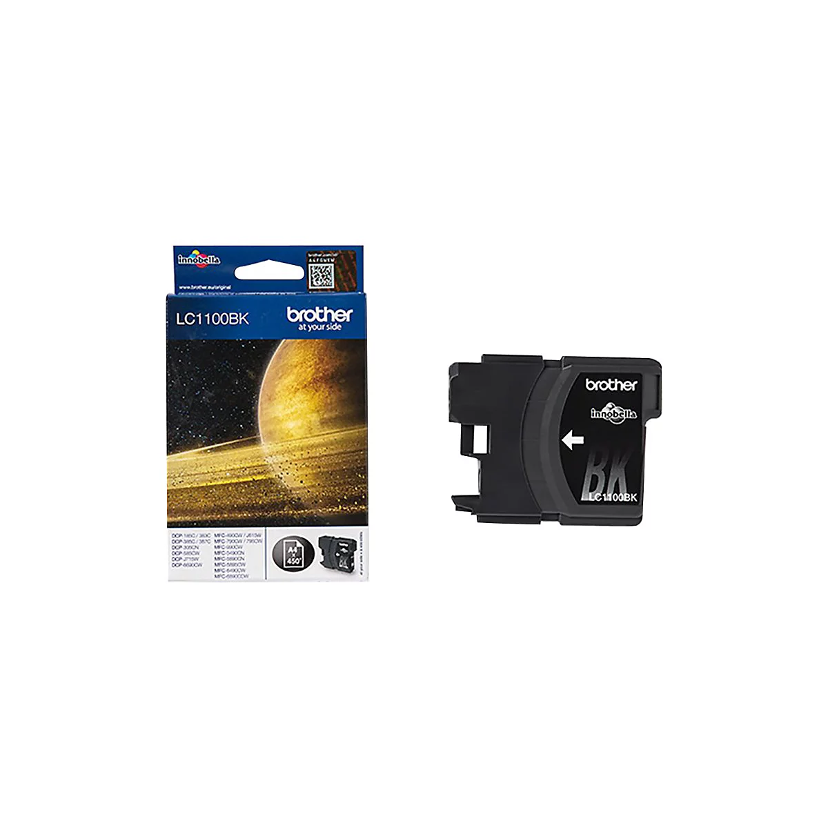 Abbildung einer Brother LC1100BK Tintenpatrone und ihrer Verpackung. Die Verpackung zeigt einen Planeten im Weltraum.