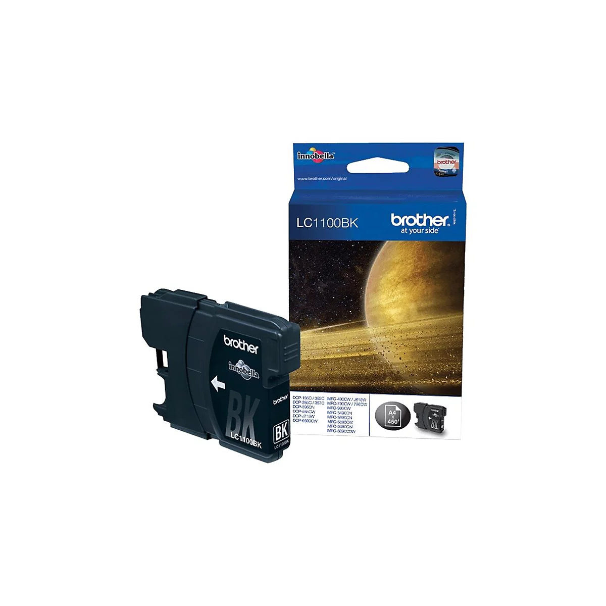 Schwarze Tintenpatrone und Verpackung von Brother. Aufdruck LC1100BK. Die Verpackung zeigt einen Planeten.