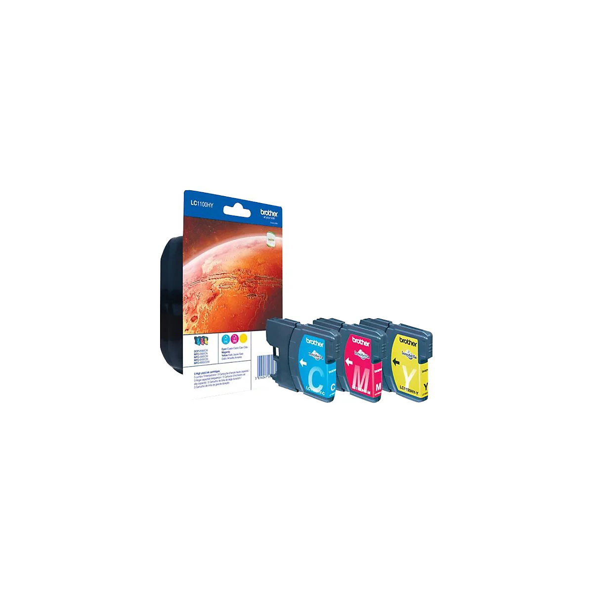 Tintenpatronen-Set von Brother. Die Patronen sind in Blau, Magenta und Gelb gehalten. Eine Verpackung mit dem Schriftzug "LC1100HY".