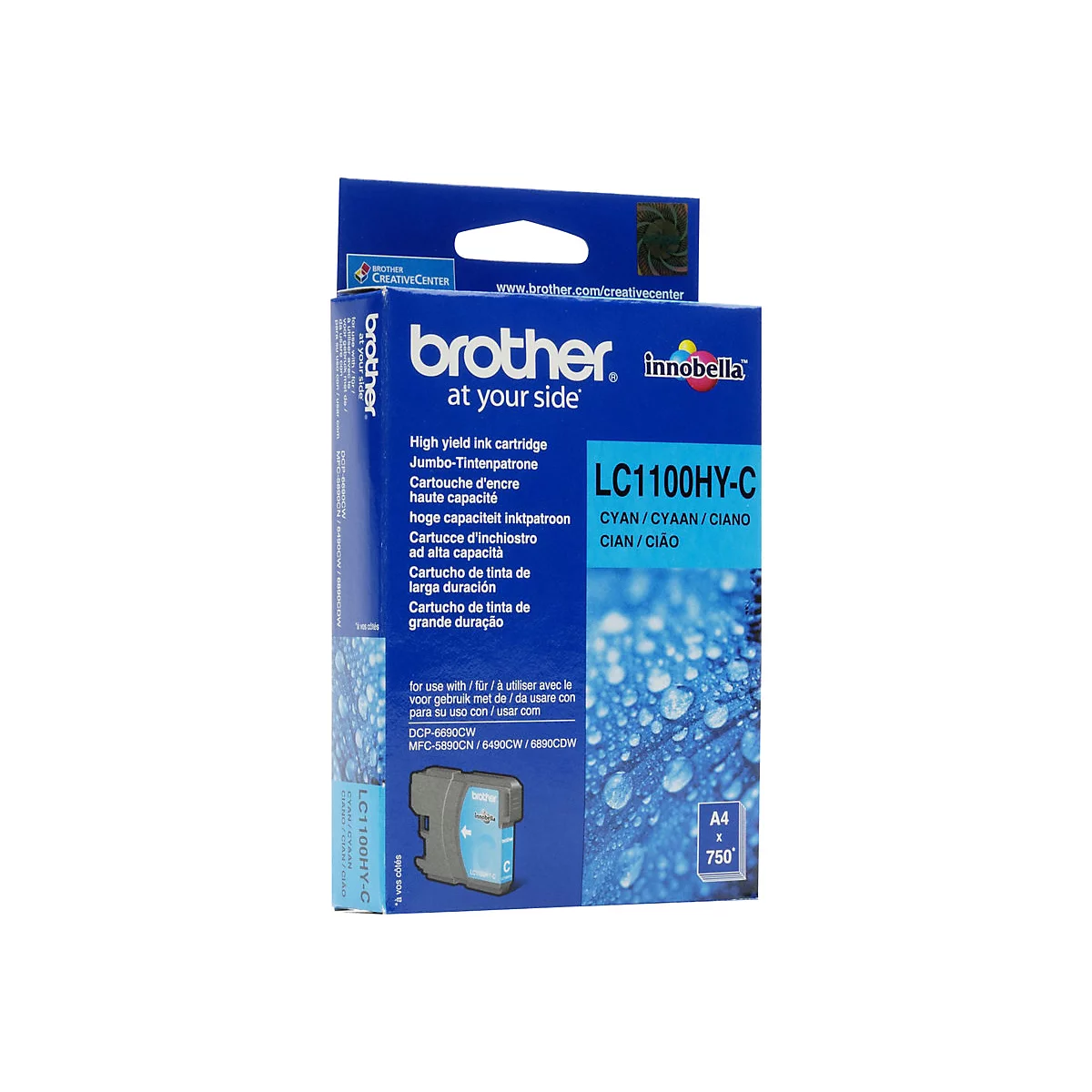 Blau-schwarze Brother Tintenpatrone. Aufschrift: LC1100HY-C, Cyan. Mit Angaben zur Kompatibilität mit verschiedenen Druckermodellen.