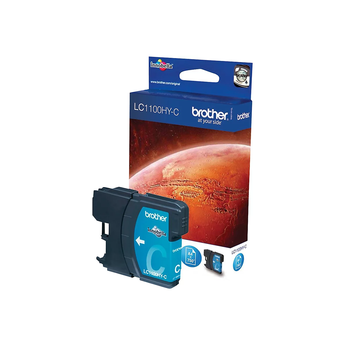 Blauer Tintenpatrone von Brother mit der Bezeichnung LC1100HY-C. Im Hintergrund ist die Produktverpackung zu sehen.