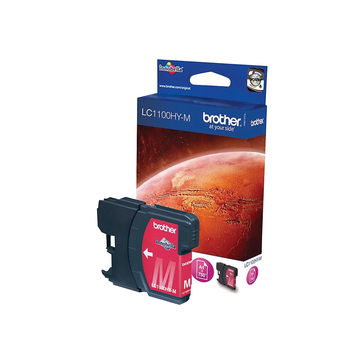 Tintenpatrone von Brother, Produktverpackung im Hintergrund. Hauptsächlich schwarz und magenta, Schriftzug: LC1100HY-M.