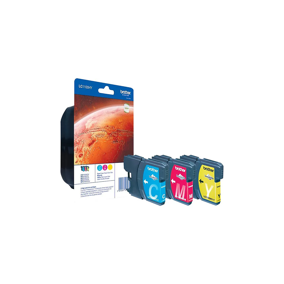 Drei Tintenpatronen von Brother vor weißem Hintergrund. Links die Verpackung mit Produktname und Details, rechts die farbigen Patronen.