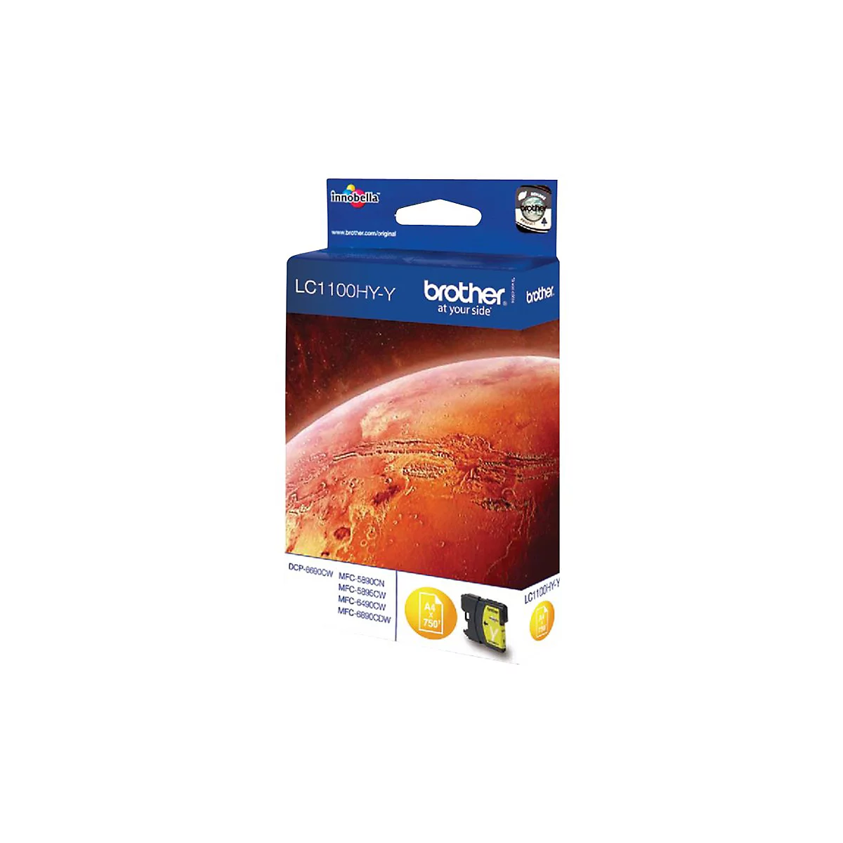 Gelbe Brother-Tintenpatrone in Verpackung mit Produktnamen, Herstellerlogo und Kompatibilitätsangaben.