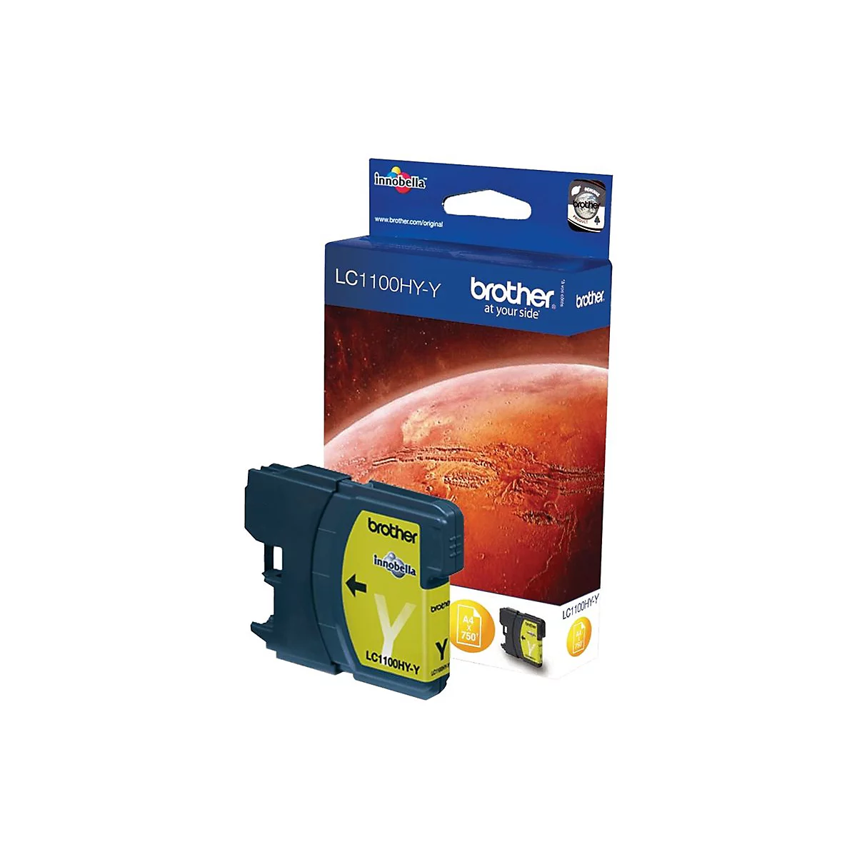Gelbe Brother Tintenpatrone und Verpackung. Aufdruck: LC1100HY-Y, innobella, brother.