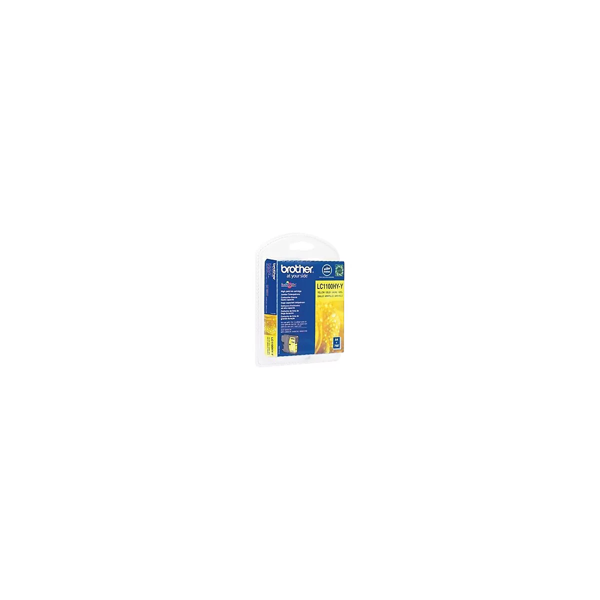Gelbe Brother Druckerpatrone LC1100HY-Y in versiegelter Blisterverpackung vor weißem Hintergrund.