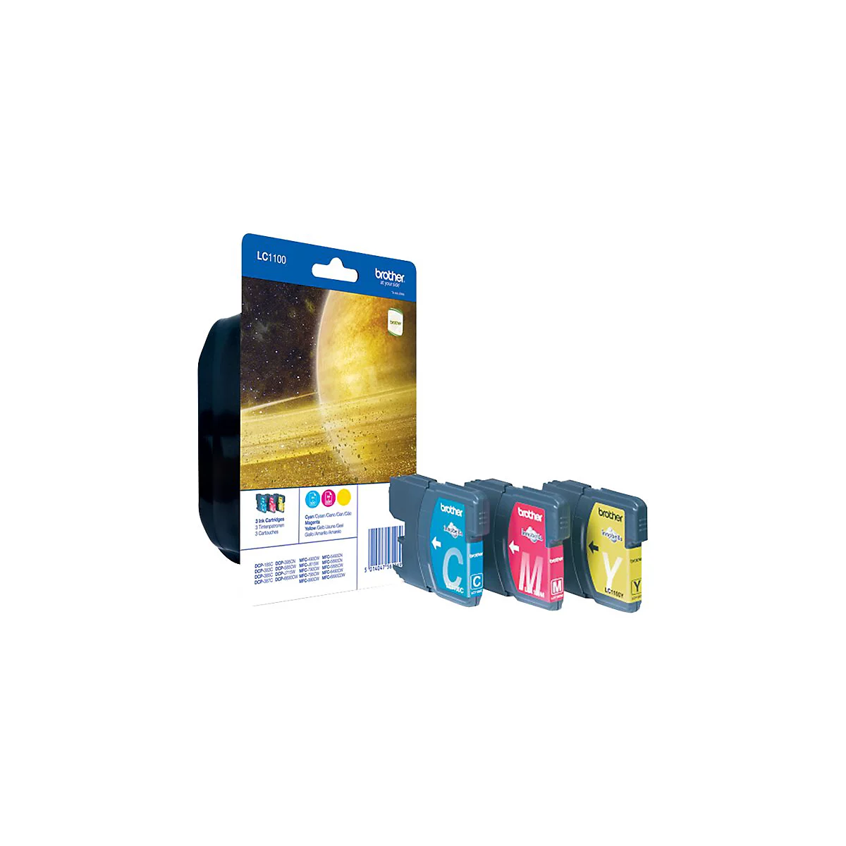 Drei Tintenpatronen (Cyan, Magenta, Gelb) und eine Verpackung mit Planeten-Hintergrund.