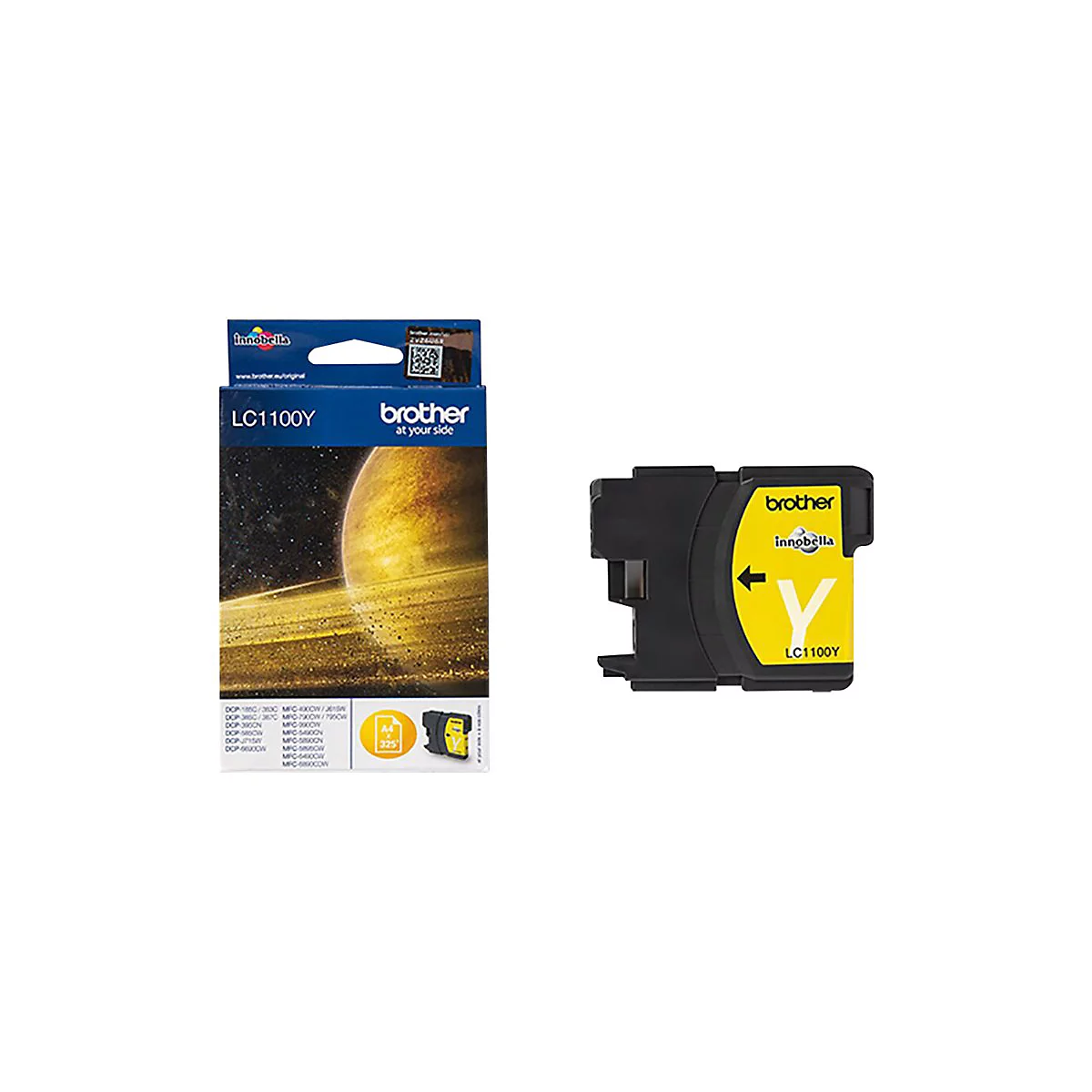 Gelbe Brother Tintenpatrone und Verpackung. Aufdruck: LC1100Y, innobella, A4, 325.