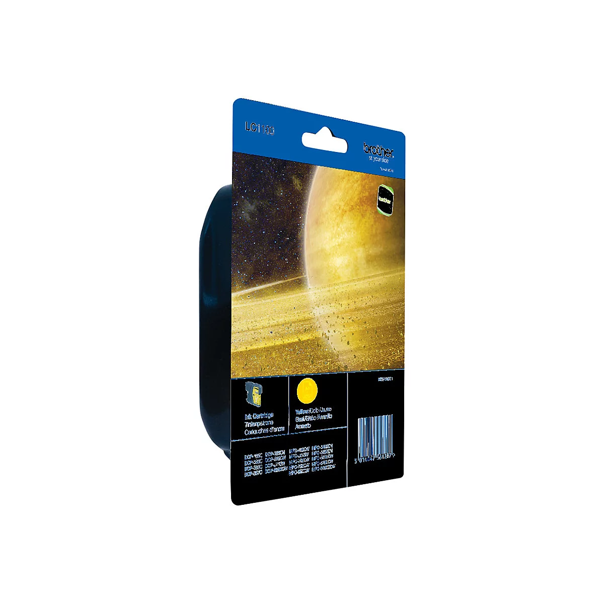 Gelbe Brother LC1100 Druckerpatrone in Originalverpackung auf weißem Hintergrund.