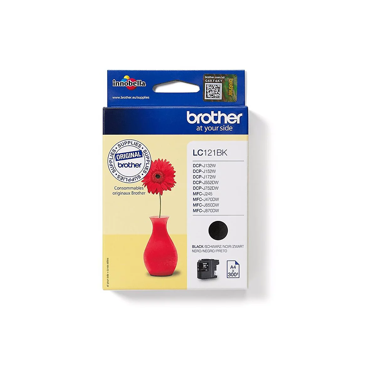 Ein schwarzer Tintenpatronenkasten mit roter Vase und Blume. Aufschrift: Brother. LC121BK, A4, 300+.