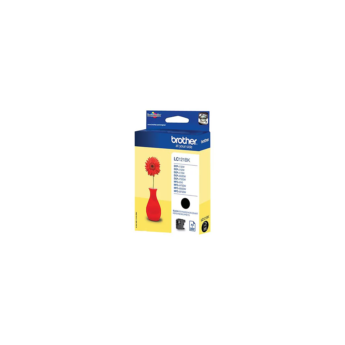 Eine Brother LC121BK Tintenpatrone vor gelbem Hintergrund mit roter Vase und Blume. Text: LC121BK, 300 Seiten.