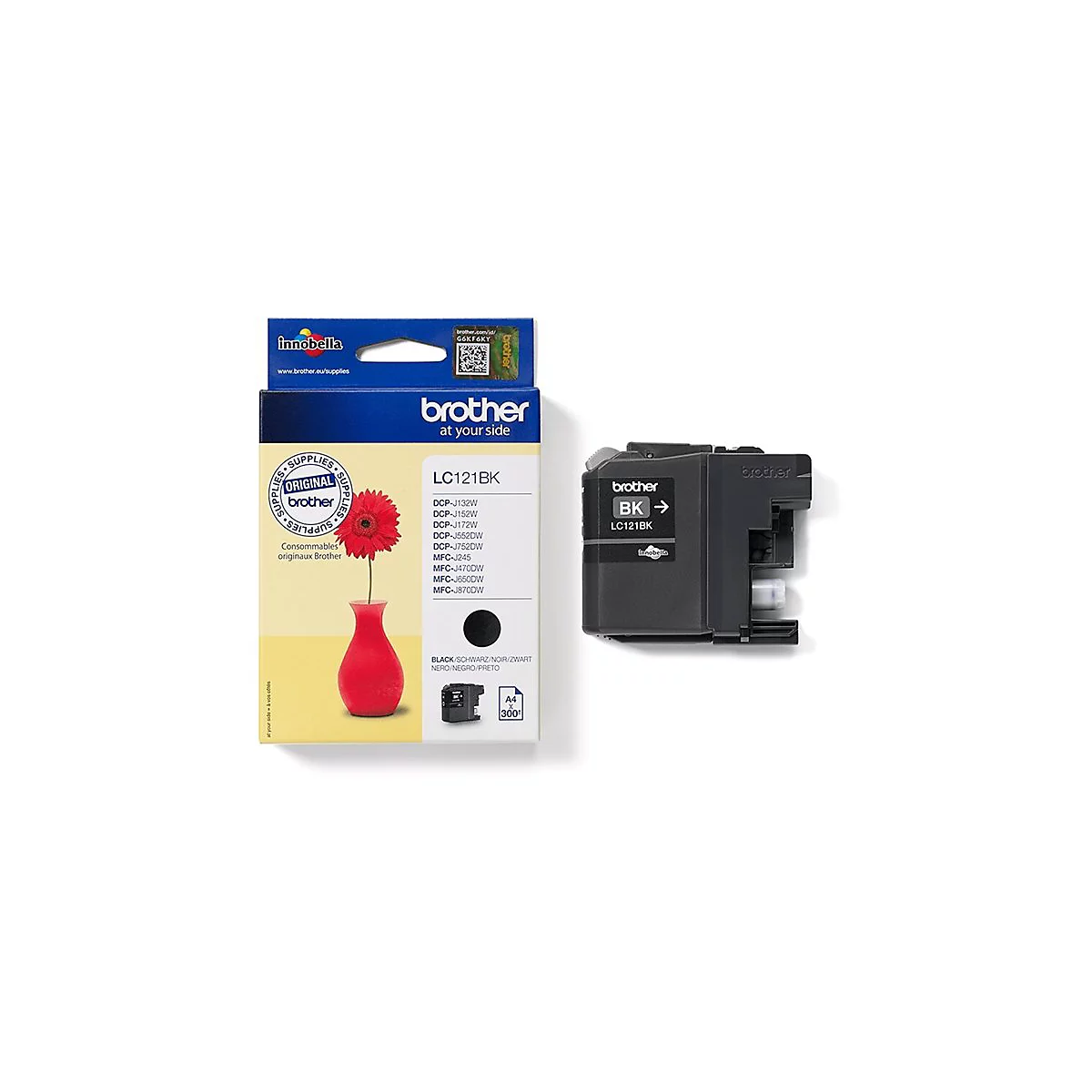 Eine schwarze Brother-Tintenpatrone neben einer Packung mit roter Blume in einer Vase. Auf der Packung steht "LC121BK".