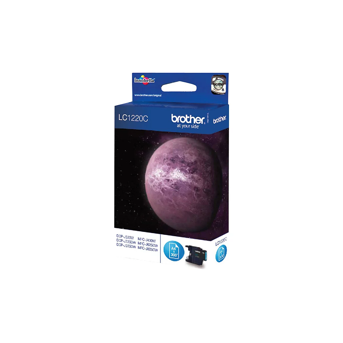 Tintenpatrone von Brother, LC1220C, mit Produktabbildung und Angaben zu Druckern.