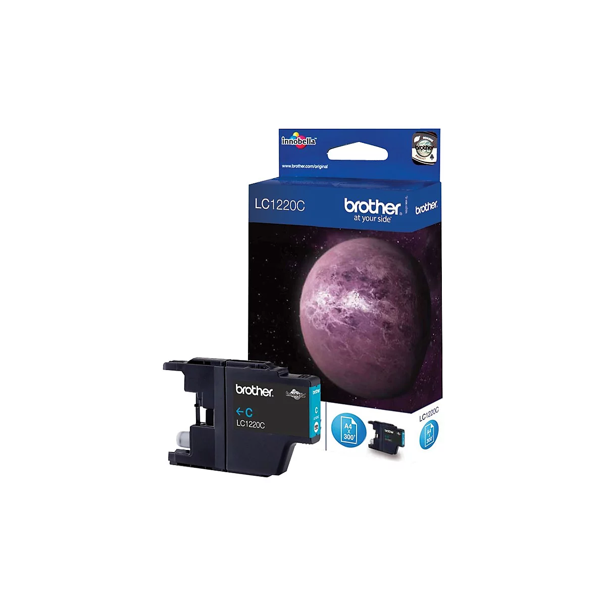 Tintenpatrone LC1220C von Brother. Schwarzer Tintenbehälter, Verpackung mit Schriftzug 'brother at your side'.