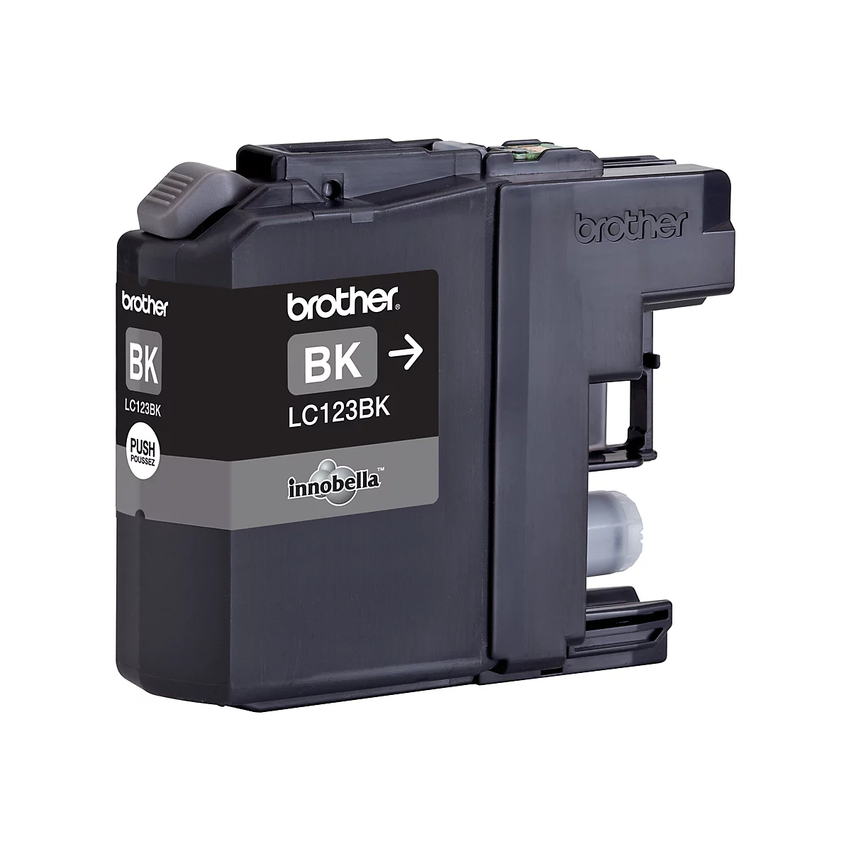 Schwarze Brother LC123BK Druckerpatrone vor weißem Hintergrund.