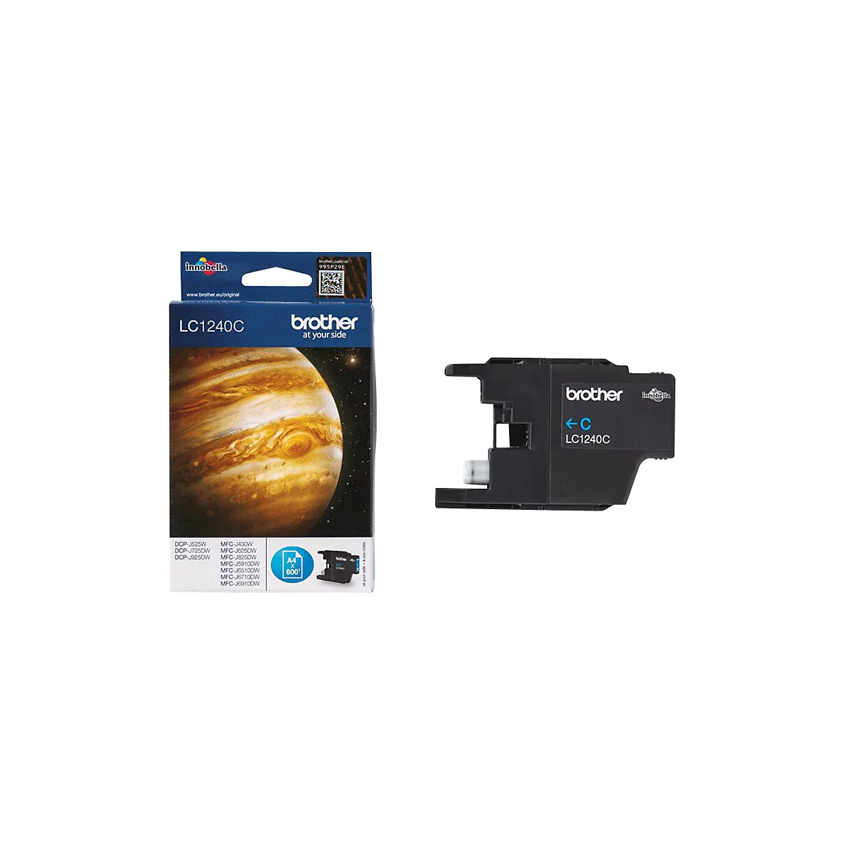 Tintenpatrone von Brother und Produktverpackung. Auf der Verpackung ist der Planet Jupiter abgebildet, sowie Produktbezeichnungen.