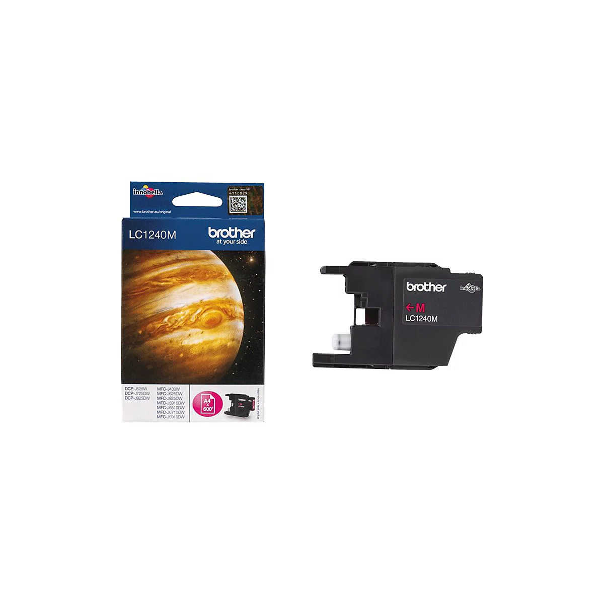 Zwei Tintenpatronen von Brother: eine in Verpackung mit Jupiter-Motiv, daneben eine schwarze Patrone mit Aufschrift LC1240M.