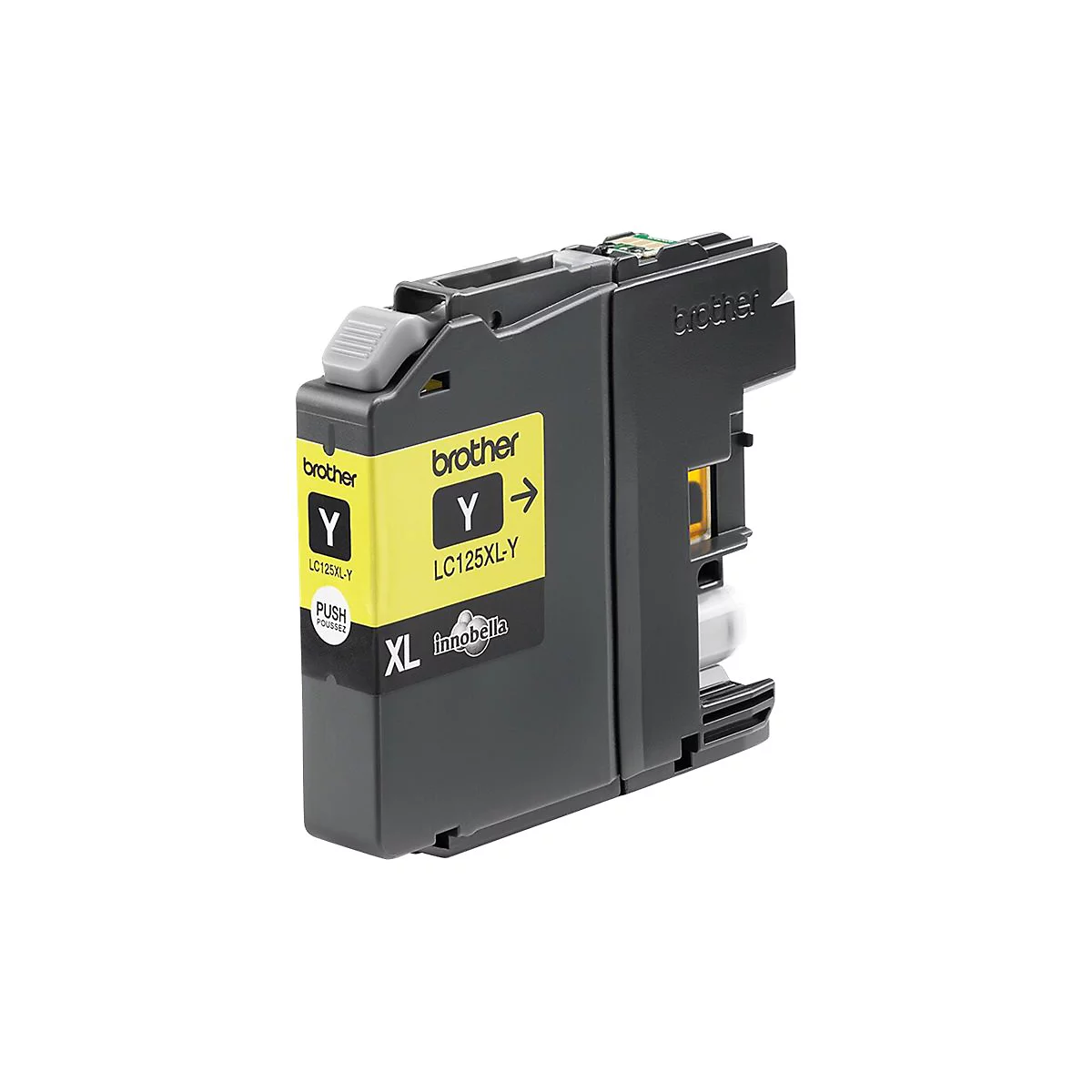 Gelbe Brother Tintenpatrone, Beschriftung: LC125XL-Y, PUSH. Schwarzer Kunststoff.