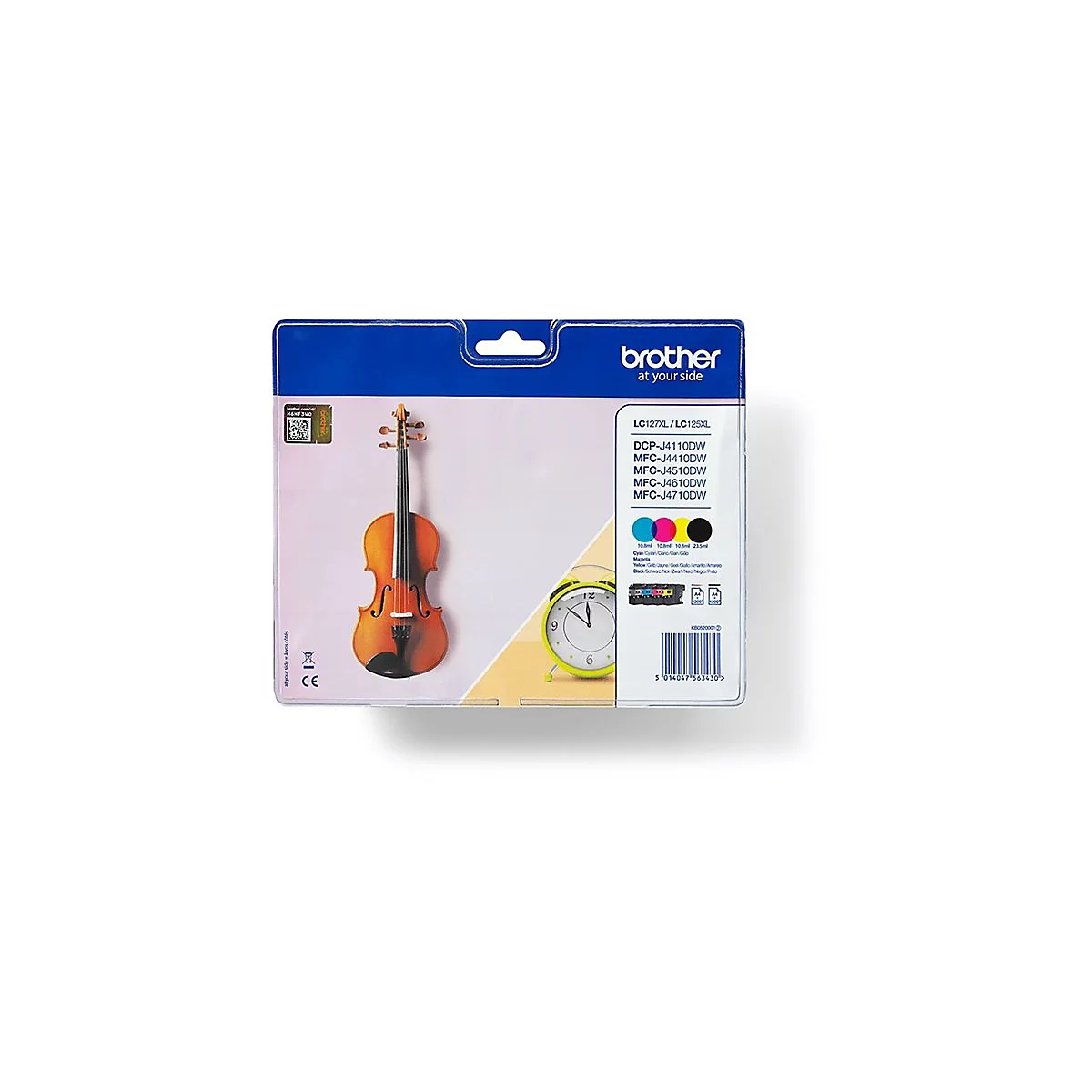 Un paquet de cartouches d'encre Brother avec un violon, une horloge et des informations sur les imprimantes compatibles.