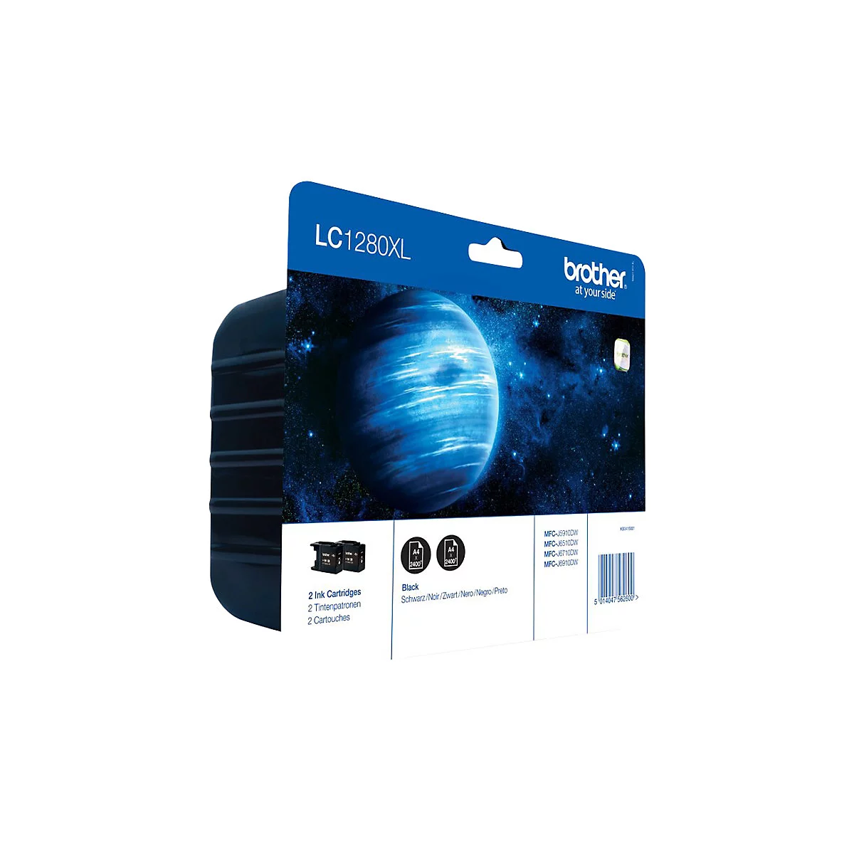 Brother LC1280XL Tintenpatronenpackung. Schwarzer Hintergrund mit Planeten, Produktinfos und Brother-Logo.