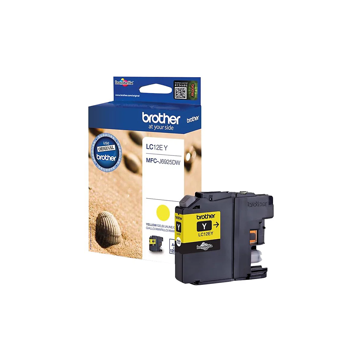 Gelbe Brother Tintenpatrone und Verpackung. Aufdruck: "LC12EY".