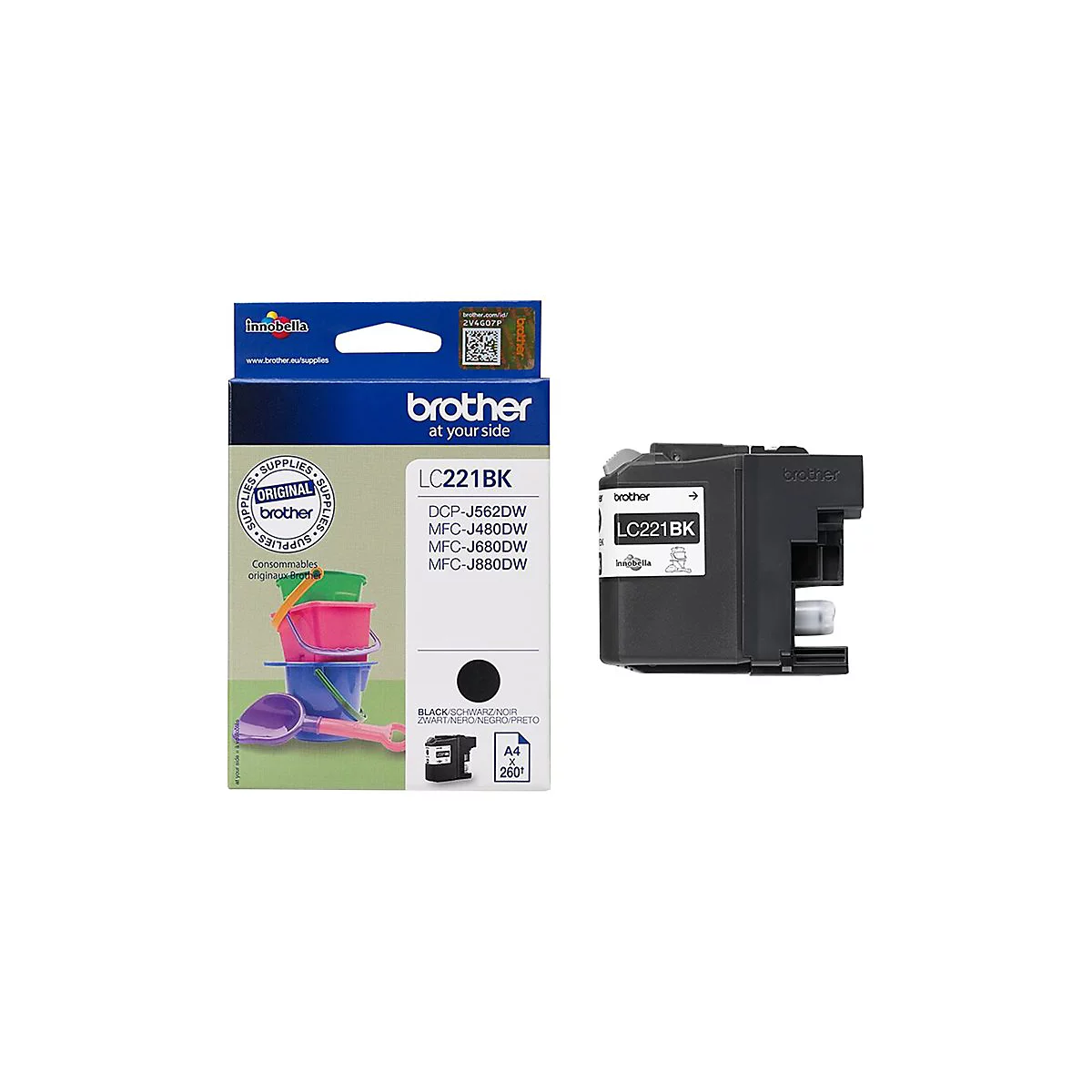 Schwarze Brother-Druckerpatrone und -Verpackung. Auf der Packung stehen Modellnummern und die Bezeichnung "LC221BK".