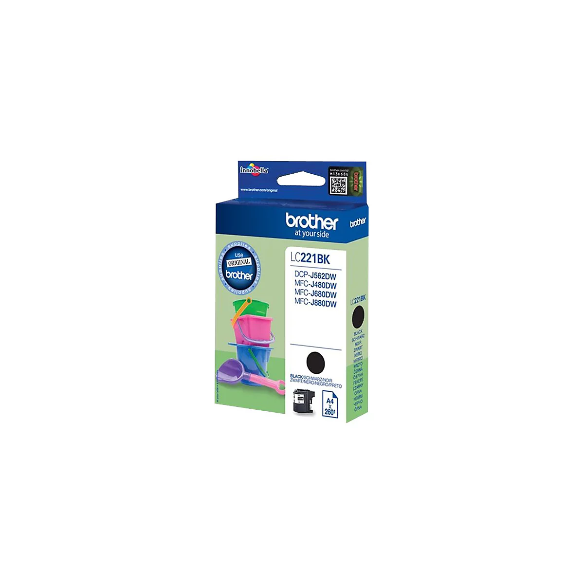 Schwarze Brother Druckerpatrone LC221BK, auf weißem Hintergrund. Mit Produktnamen, Druckerkompatibilität und A4-Informationen.