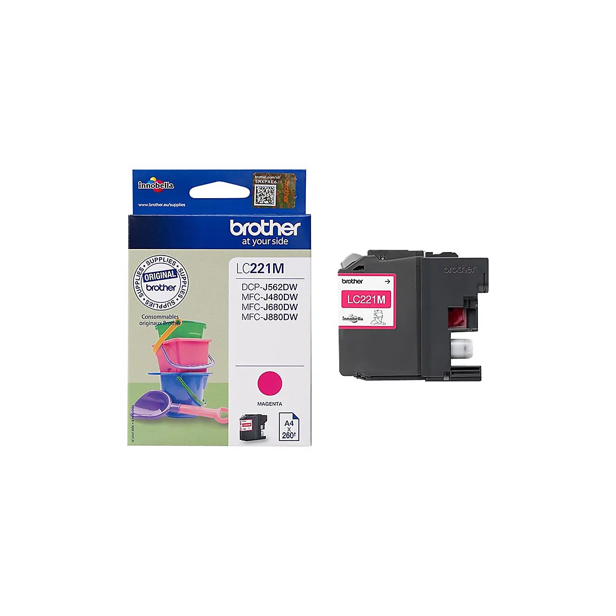 Druckerpatrone für Brother Drucker mit Verpackung. Aufgedruckt sind Produktbezeichnungen, Herstellerlogo und Farbcode Magenta.