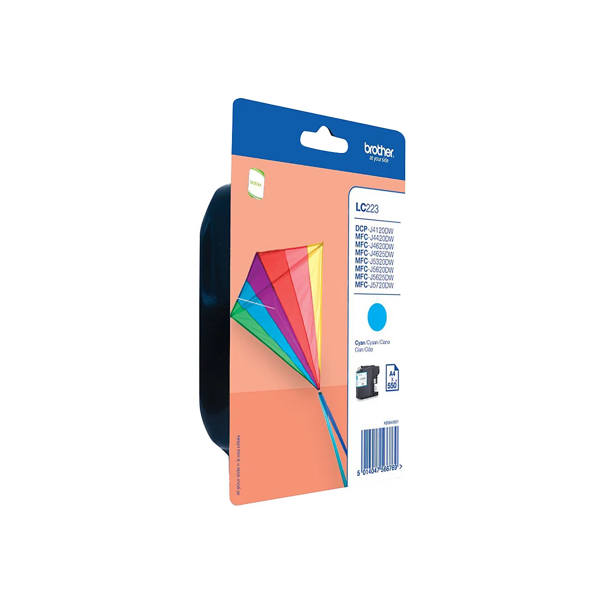 Eine blaue Tintenpatrone der Marke Brother, verpackt in einer Blisterverpackung mit einer bunten Drachen-Illustration. Text: LC223.