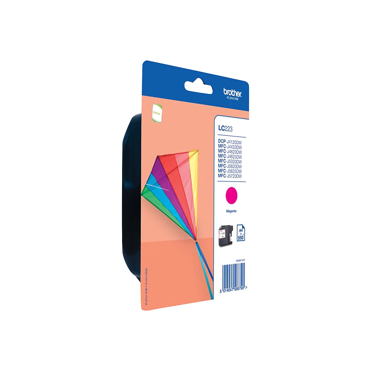 Verpackung einer Brother Druckerpatrone in Magenta mit Texten wie 'LC223' und verschiedenen Druckermodellen.