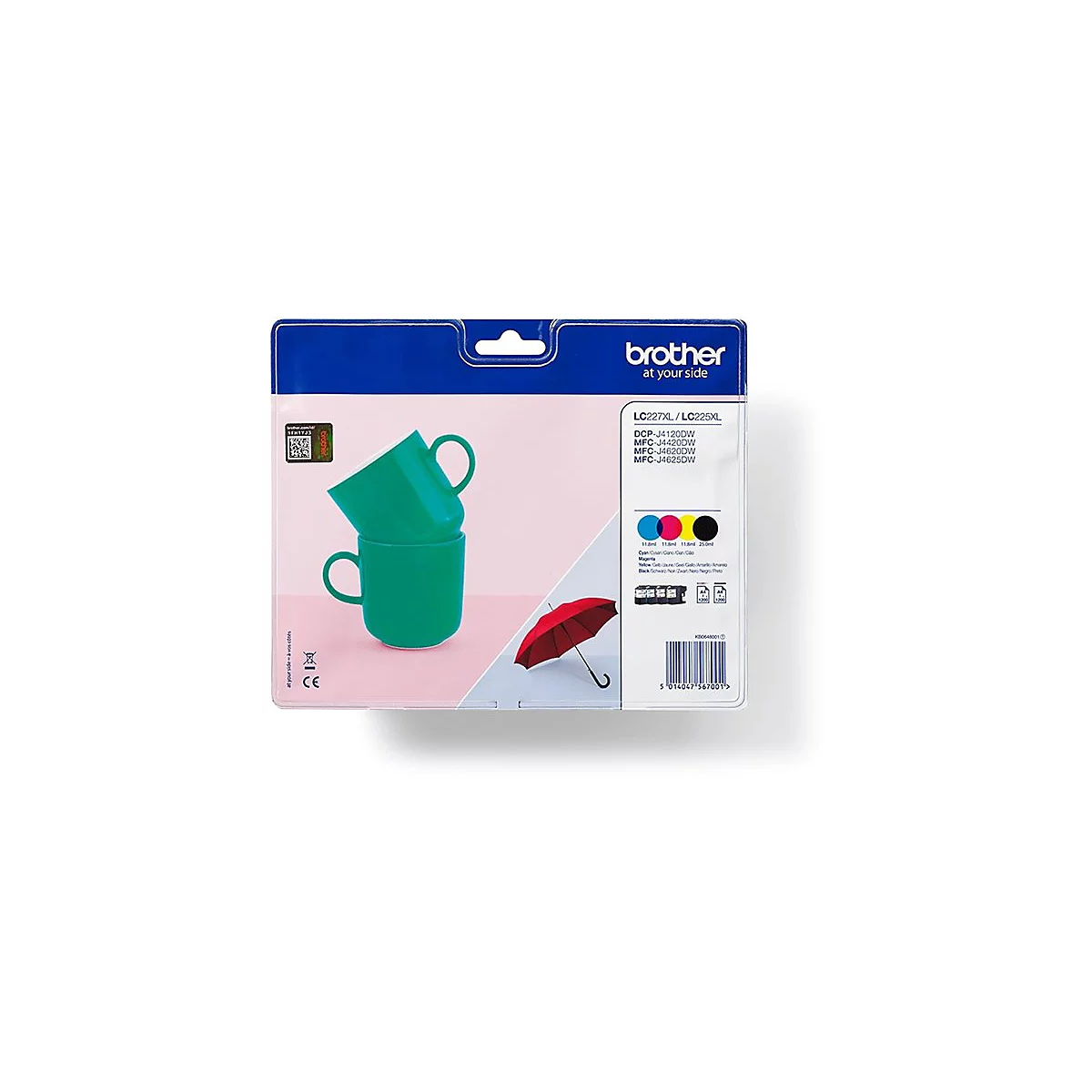 Deux tasses vertes empilées sur un fond rose. Au-dessus, un paquet de cartouches d'encre et un parapluie rouge.
