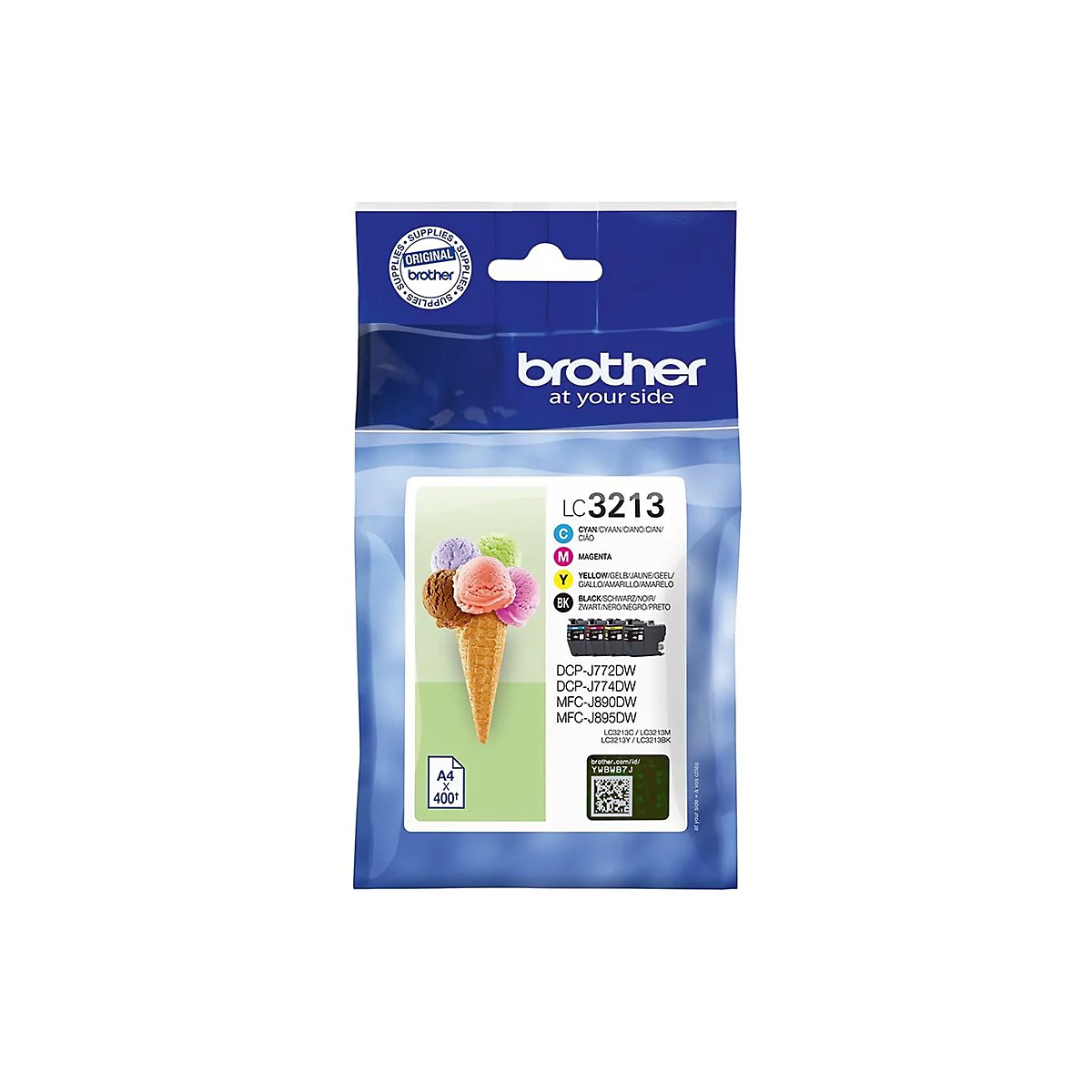 Blaue Brother-Tintenpatronen-Verpackung mit bunten Eiscreme-Kegel-Abbildungen. Text: LC3213, CYAN, MAGENTA, YELLOW, BLACK. Darunter Modellnummern.