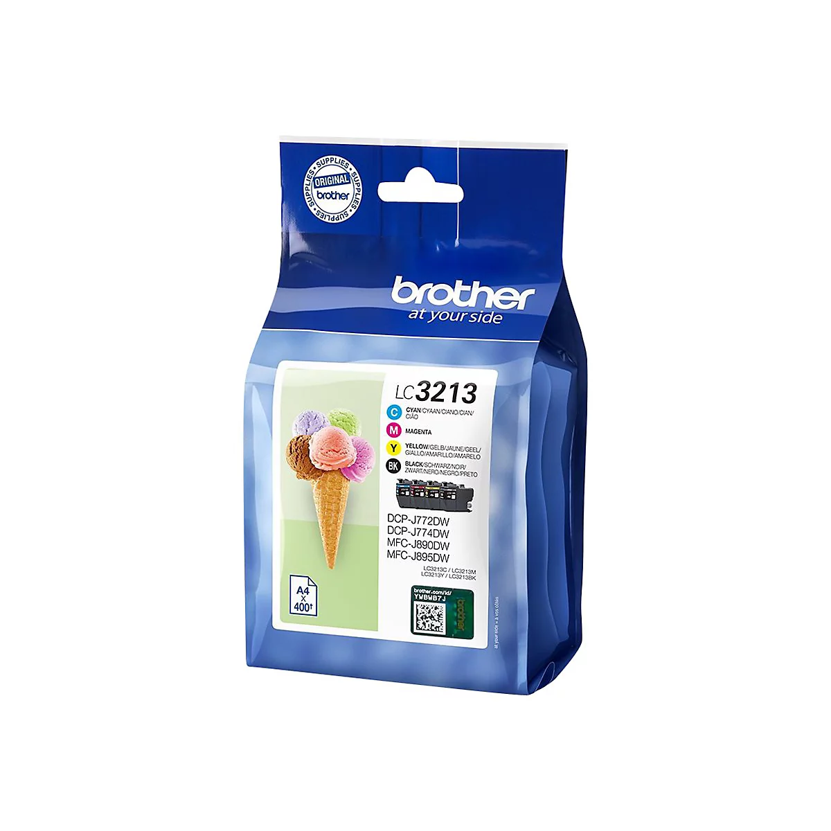 Blauer Tintenpatronenbeutel mit Eiswaffel-Illustration, Text: LC3213, Brother-Logo.