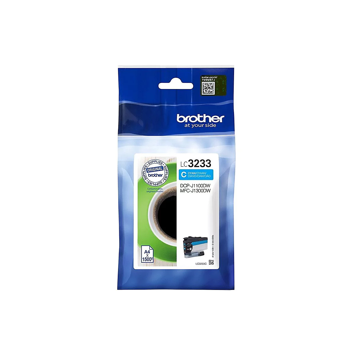 Verpackung einer Cyan-Tinte für Brother-Drucker, blau-weiß. Text: LC3233, Cyan, DCP-J1100DW, MFC-J1300DW.