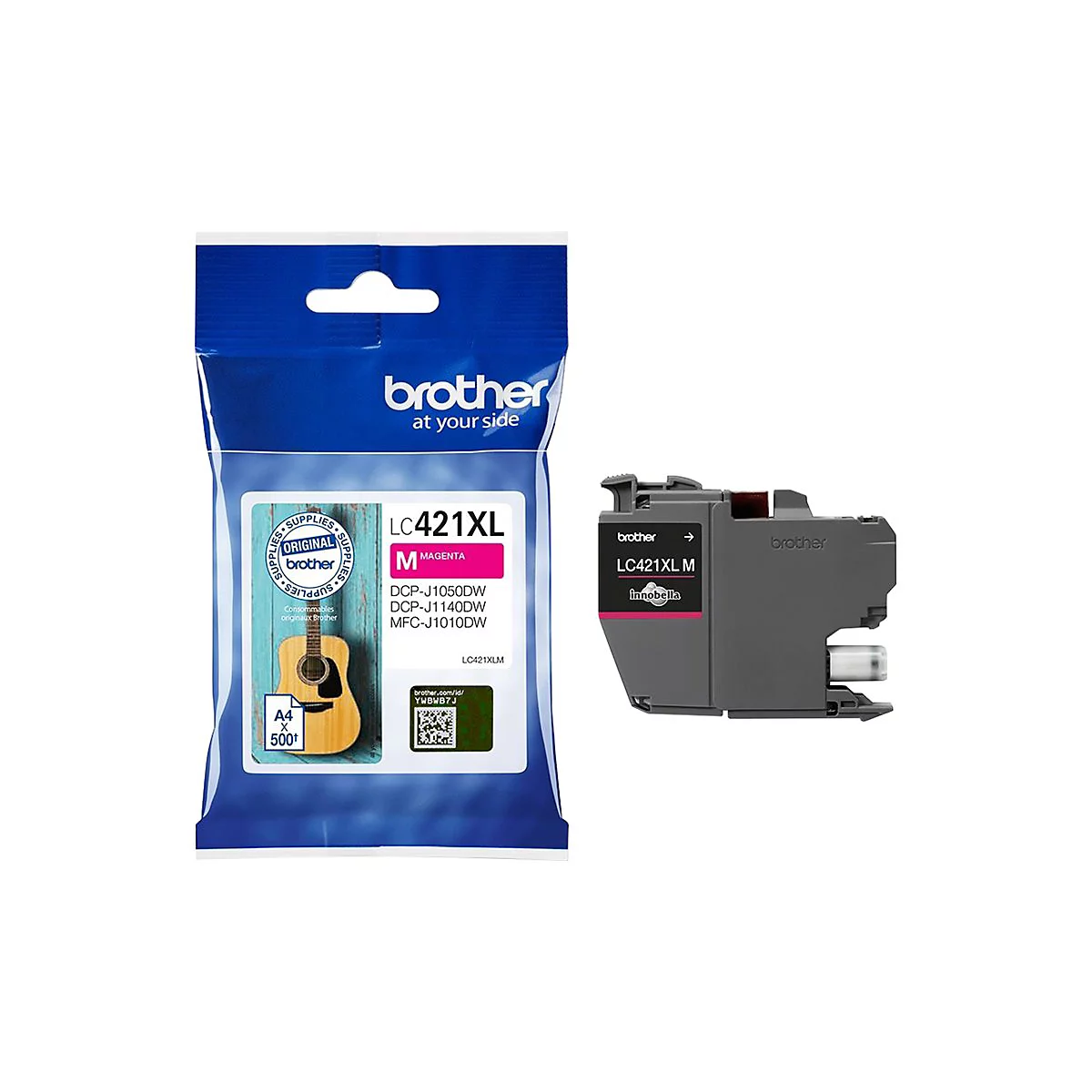 Eine Brother LC421XL Tintenpatrone, magentarot, mit der Produktverpackung. Auf der Verpackung befindet sich eine Abbildung einer Gitarre.