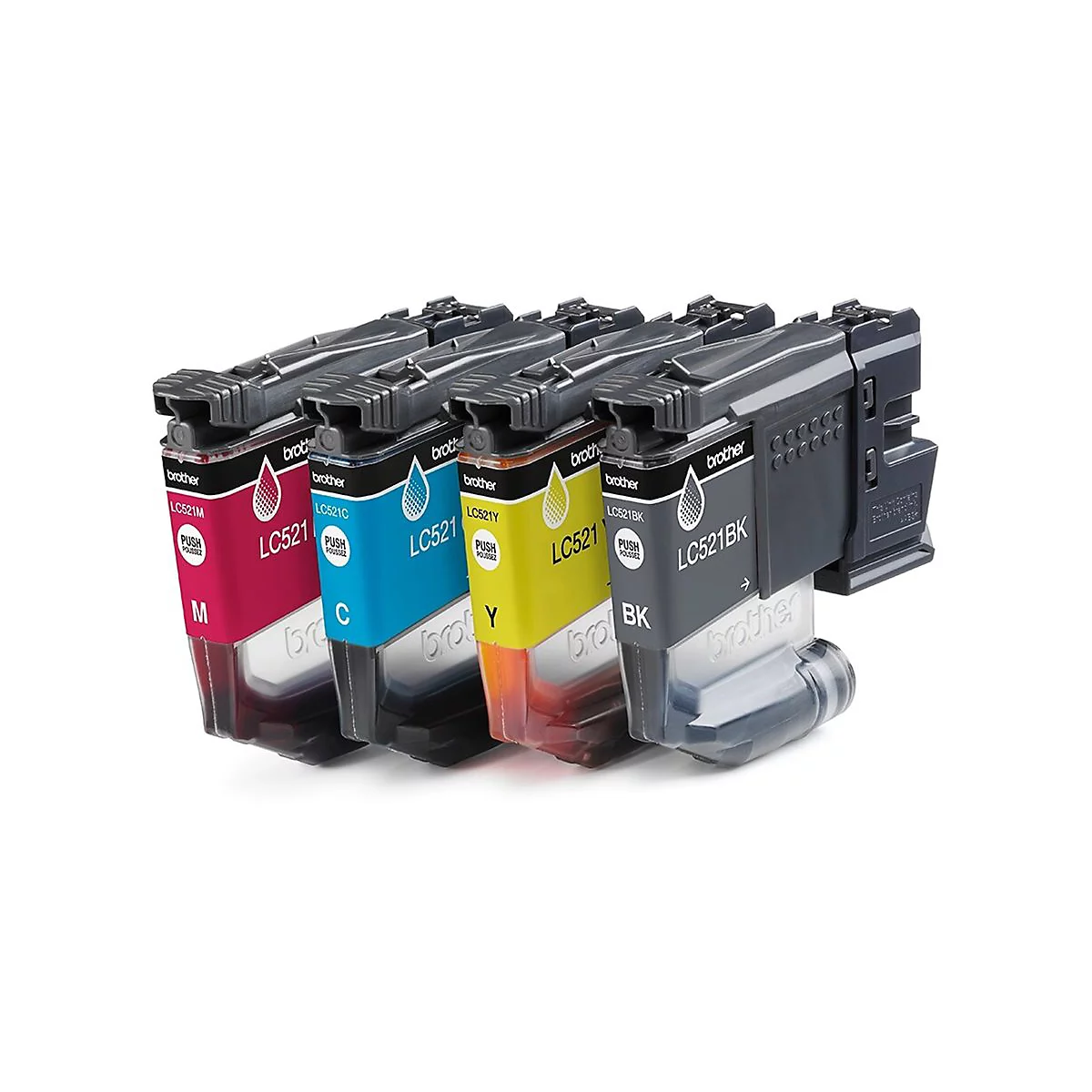 Vier Tintenpatronen von Brother: Magenta, Cyan, Gelb und Schwarz. Auf jeder Patrone stehen Produktinformationen.