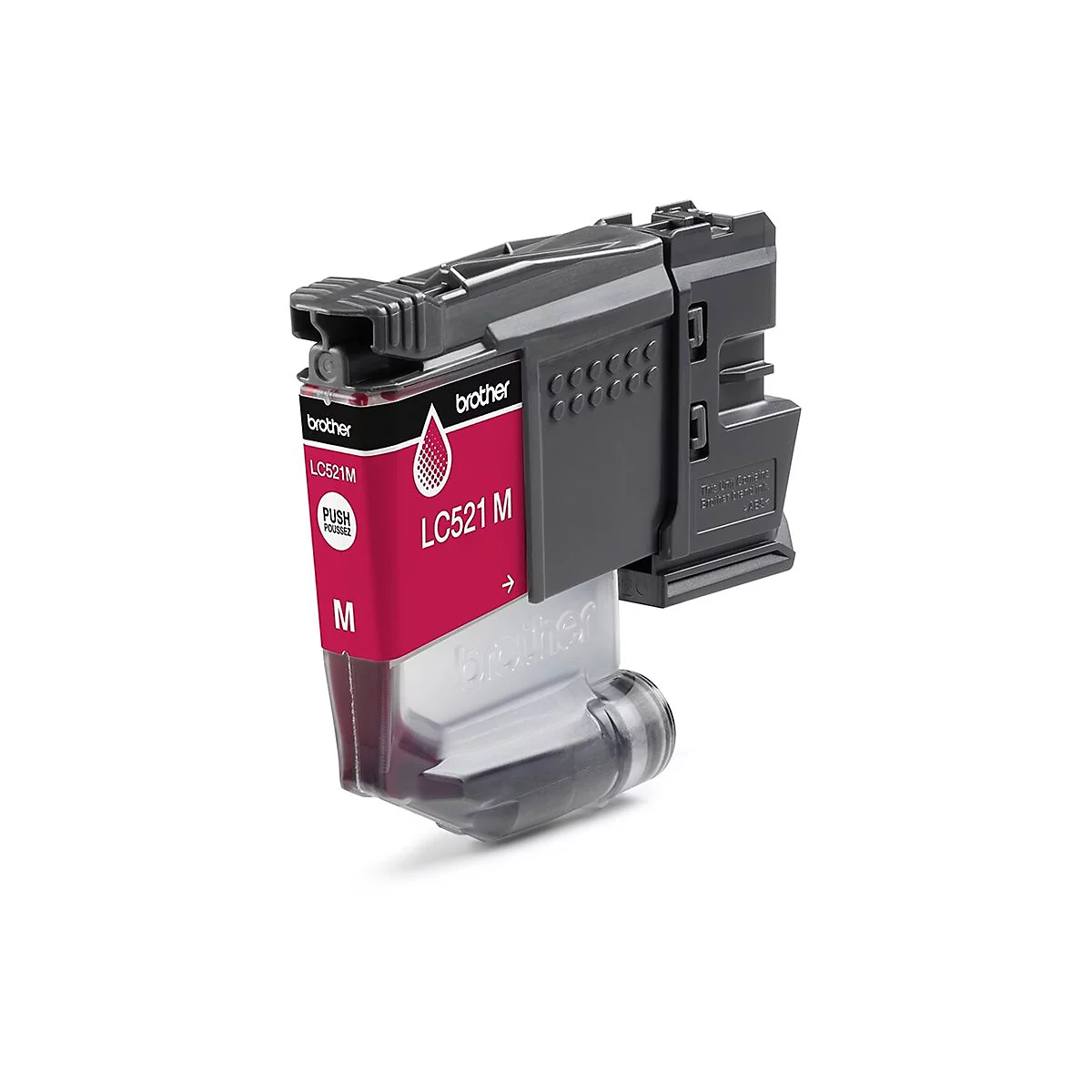 Nahaufnahme einer Magenta-Tintenpatrone. Aufgedruckt sind "brother", "LC521M" und "PUSH".