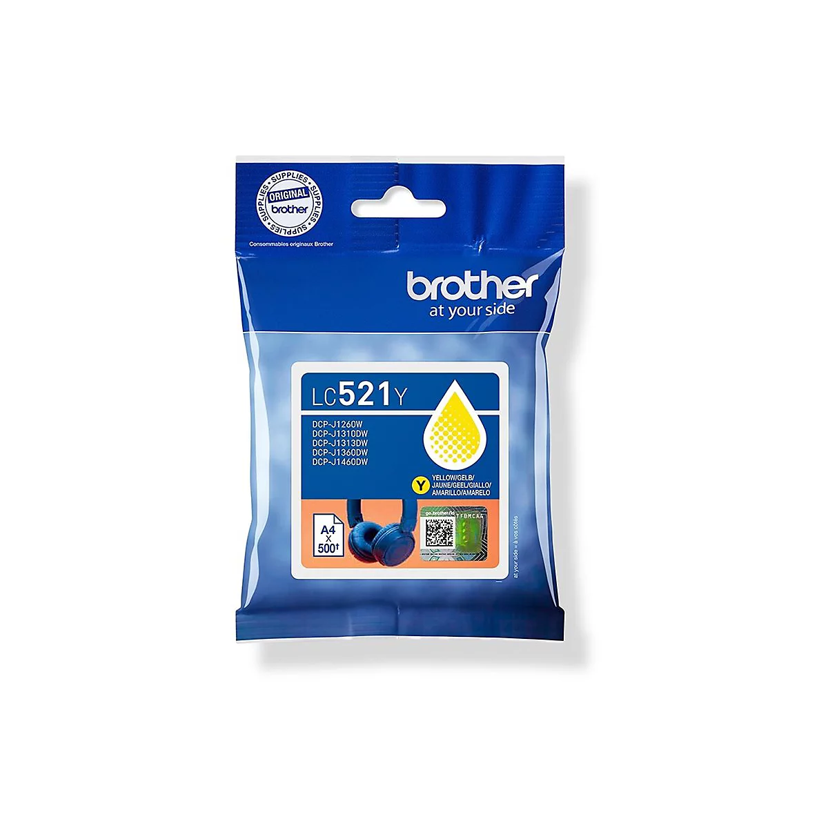 Gelbe Brother-Tintenpatrone LC521Y. Aufdrucke mit Produktinformationen und Logo.