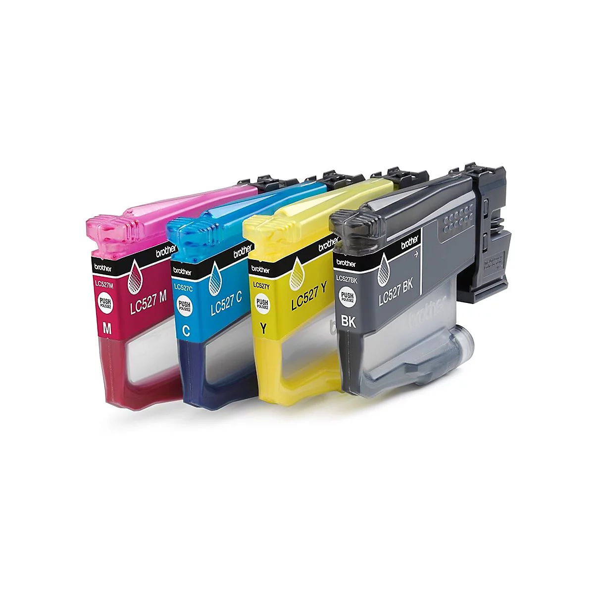 Reihe von Tintenpatronen in Magenta, Cyan, Gelb und Schwarz, mit Etiketten "Brother LC527".