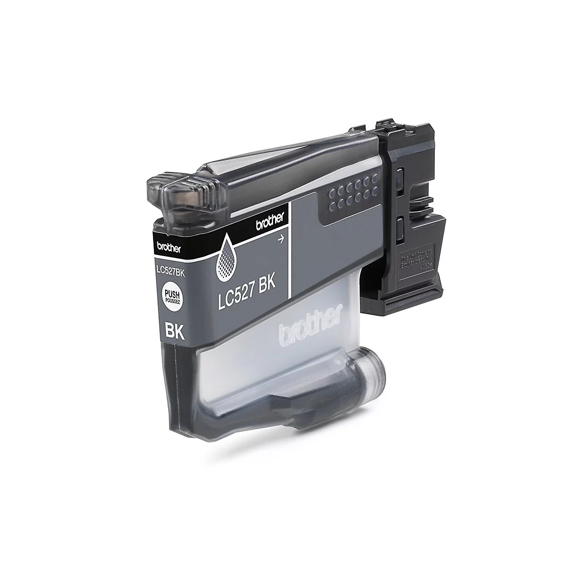 Schwarze Brother LC527BK Tintenpatrone vor neutralem Hintergrund.