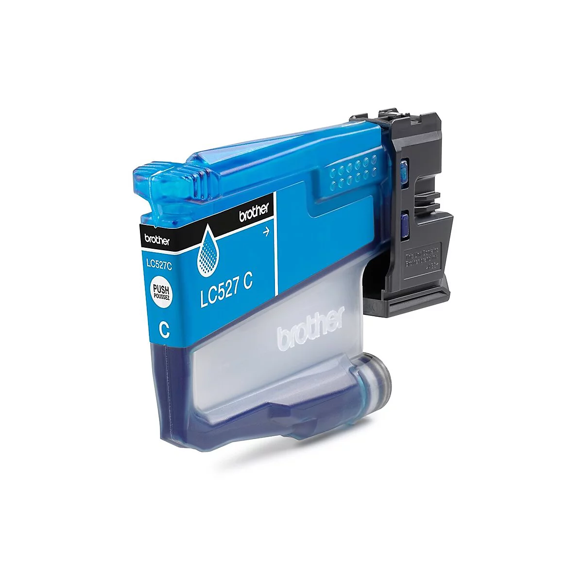 Blaue Brother LC527C Tintenpatrone vor weißem Hintergrund.